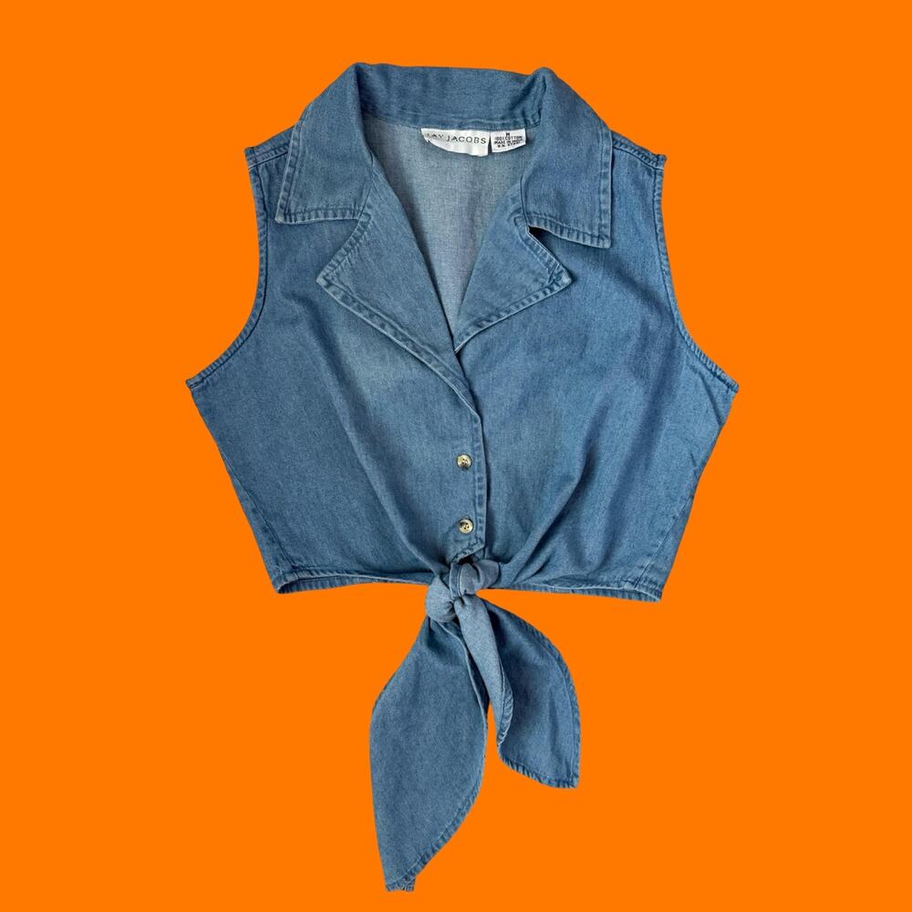90's vintage denim front tie collared crop top MEDIUM jay jacobs